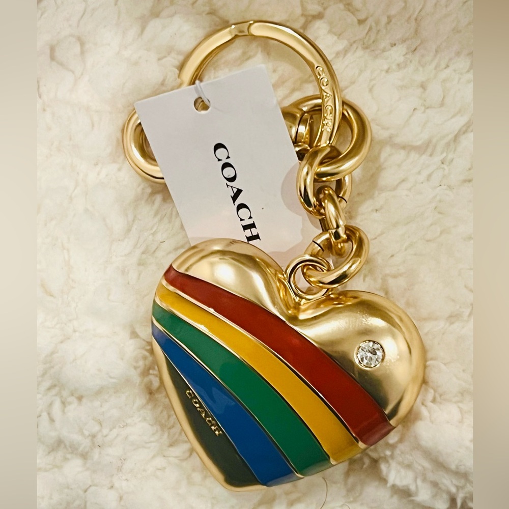 Coach Gold Heart Keychain with Multicolor Stripes. NWT